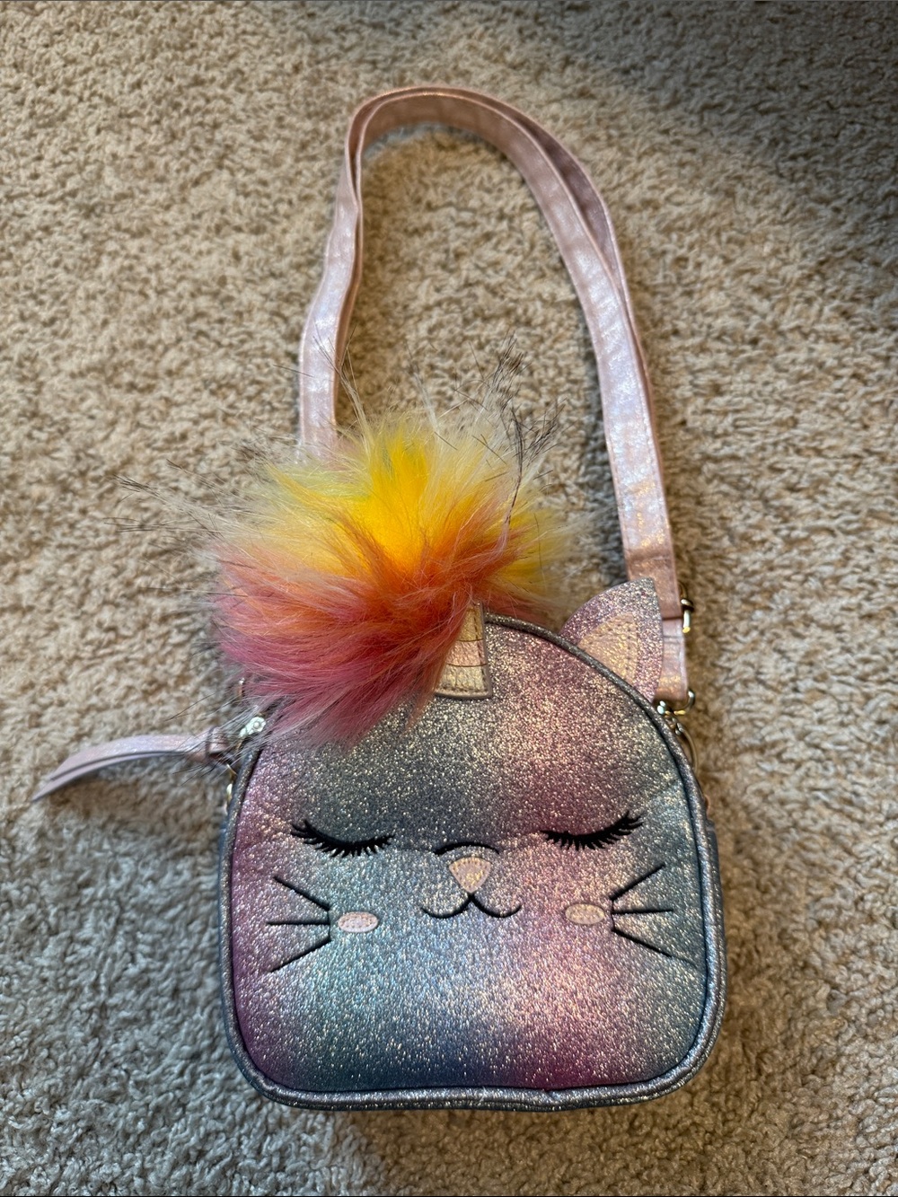 Under One Sky Shimmering Pastel Cat Crossbody with Rainbow Pom